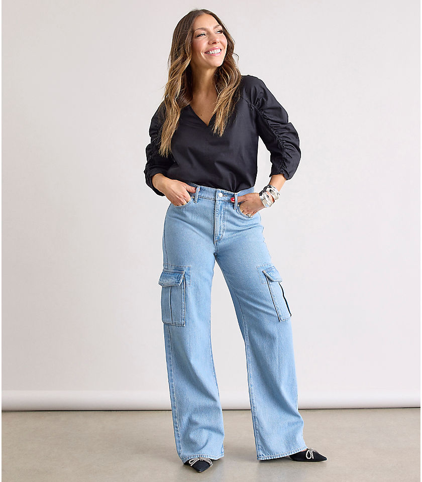 High Rise Wide Leg Cargo Jeans in Light Wash