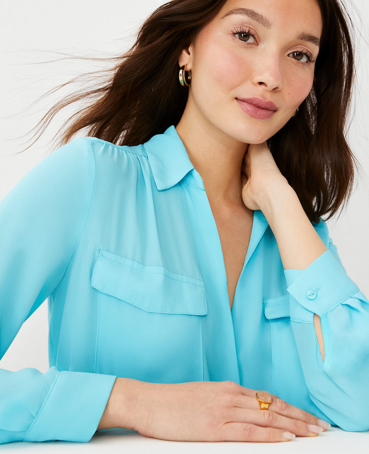 Ann Taylor Camp Shirt In Aqua Pop