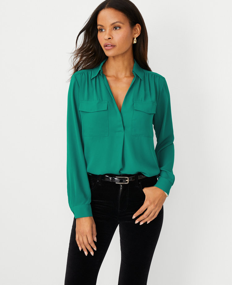 Ann Taylor Camp Shirt In Green Marais