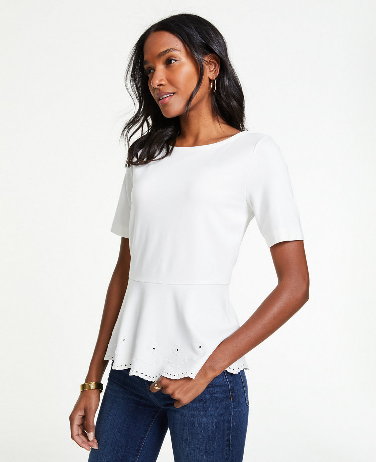 Ann Taylor Petite Eyelet Ponte Peplum Top In Winter White