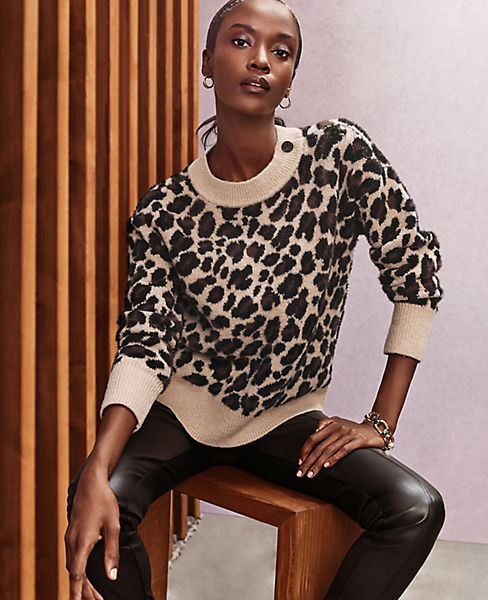 Brushed Leopard Print Shoulder Button Sweater