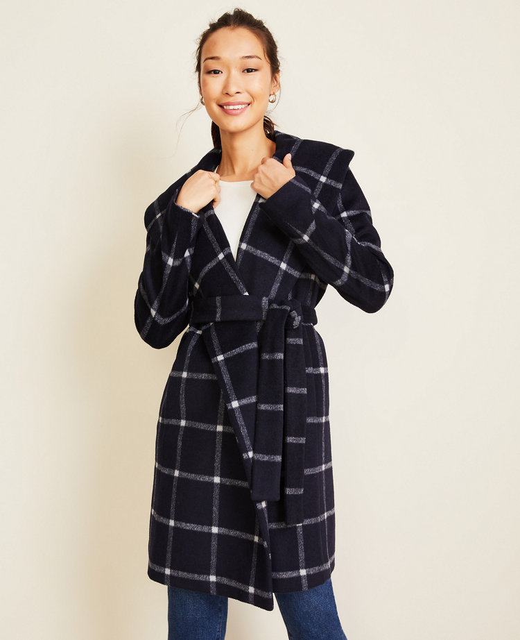 Windowpane Shawl Collar Wrap Coat