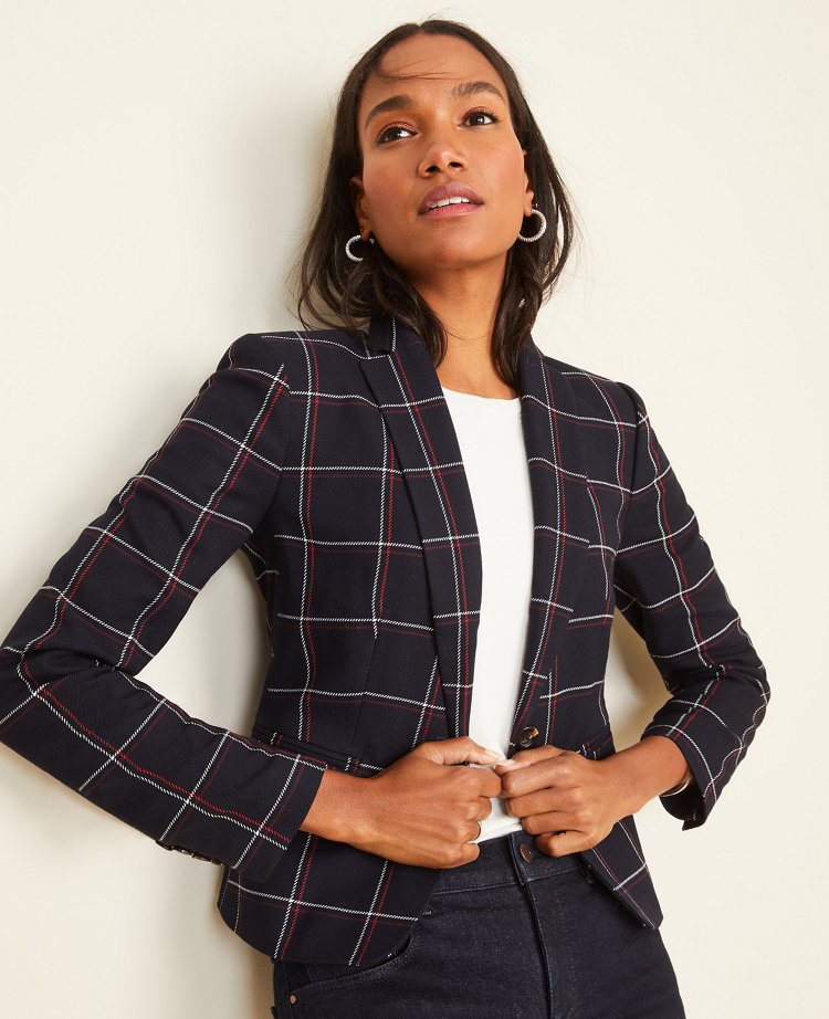 Ann Taylor Plaid One Button Blazer In Blue | ModeSens