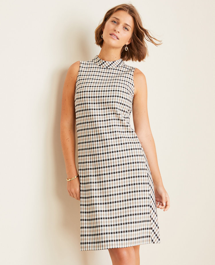 Modern Plaid Mock Neck Shift Dress