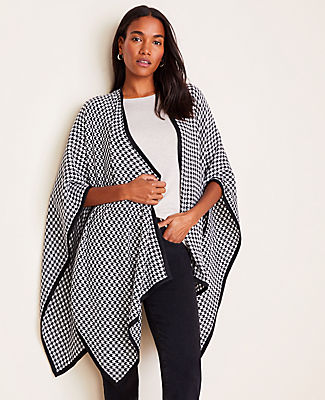 Ann Taylor Houndstooth Open Poncho In White