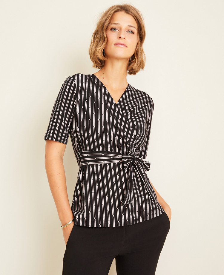 Stripe Belted Wrap Top Ann Taylor