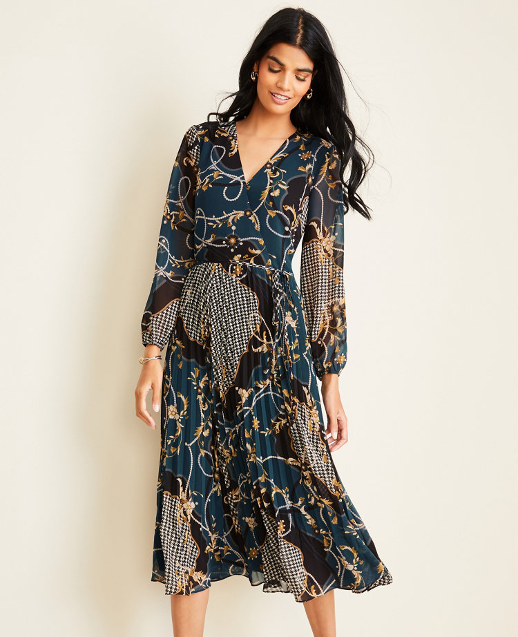 Scroll Pleated Wrap Dress