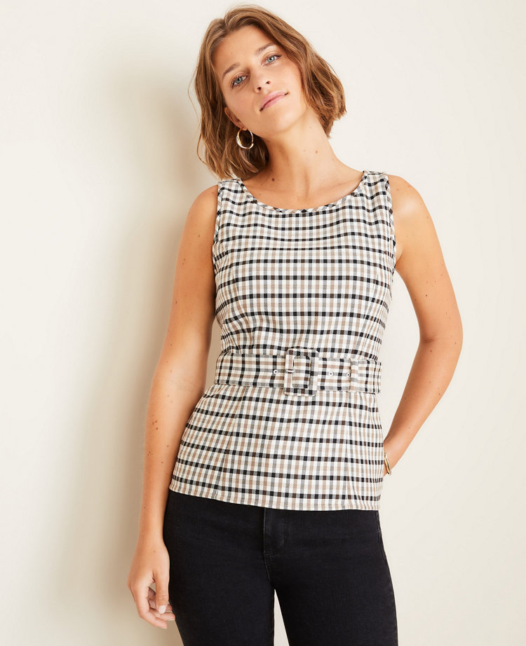 Modern Plaid Belted Boatneck Top