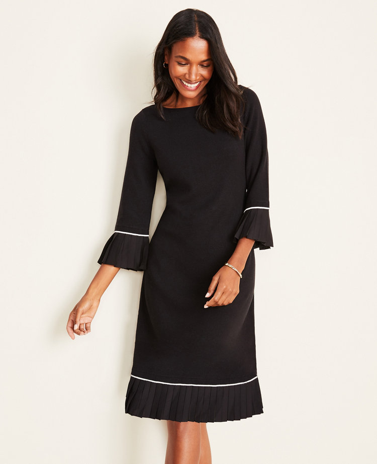 Pleated Trim Flare Sweater Dress