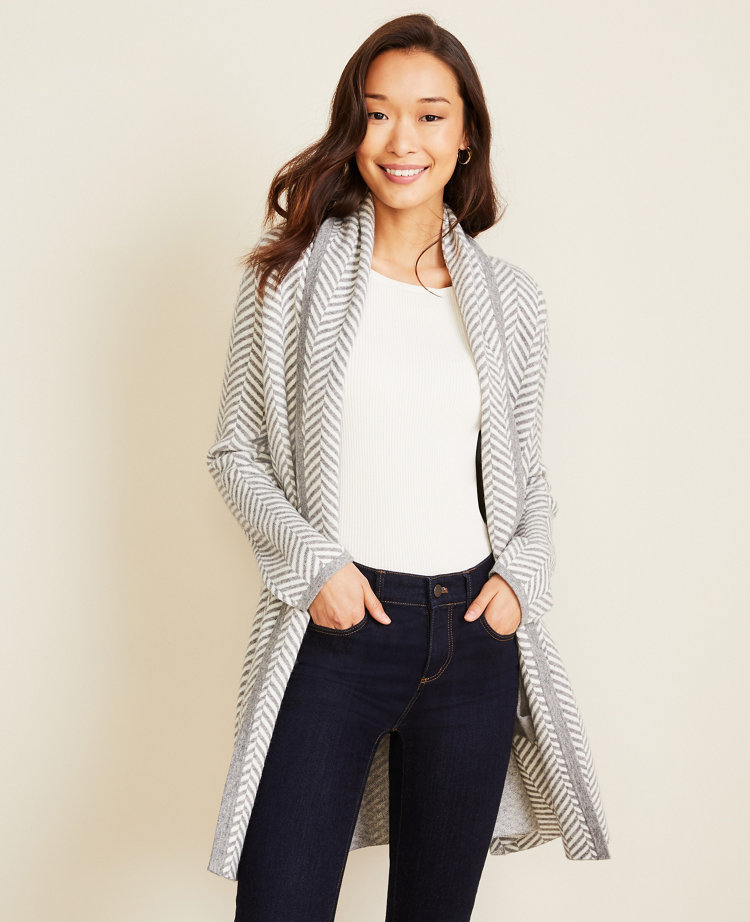 Herringbone Shawl Collar Open Cardigan