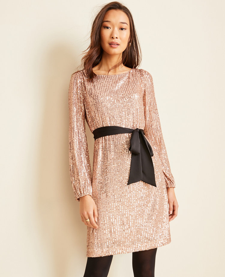 Petite Satin Belted Sequin Shift Dress