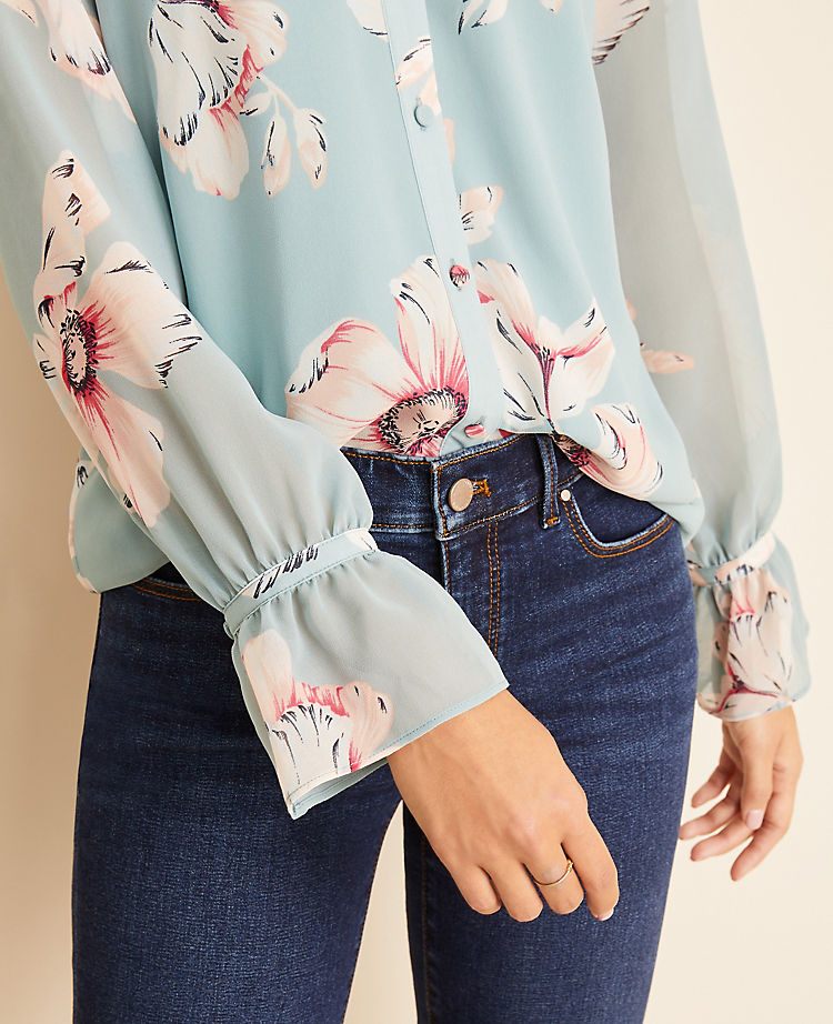 Floral Shirred Button Down Top