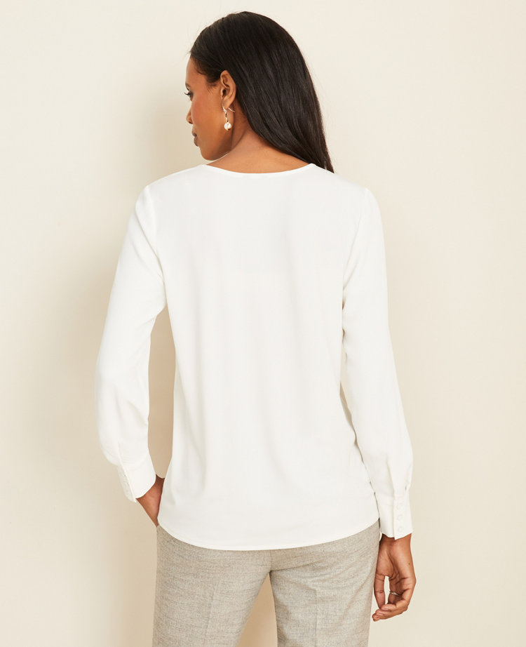 Petite Buttoned VNeck Mixed Media Blouse