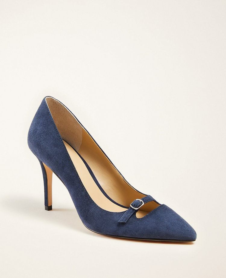 Ann Taylor Mila Mini Buckle Suede Pumps In True Navy