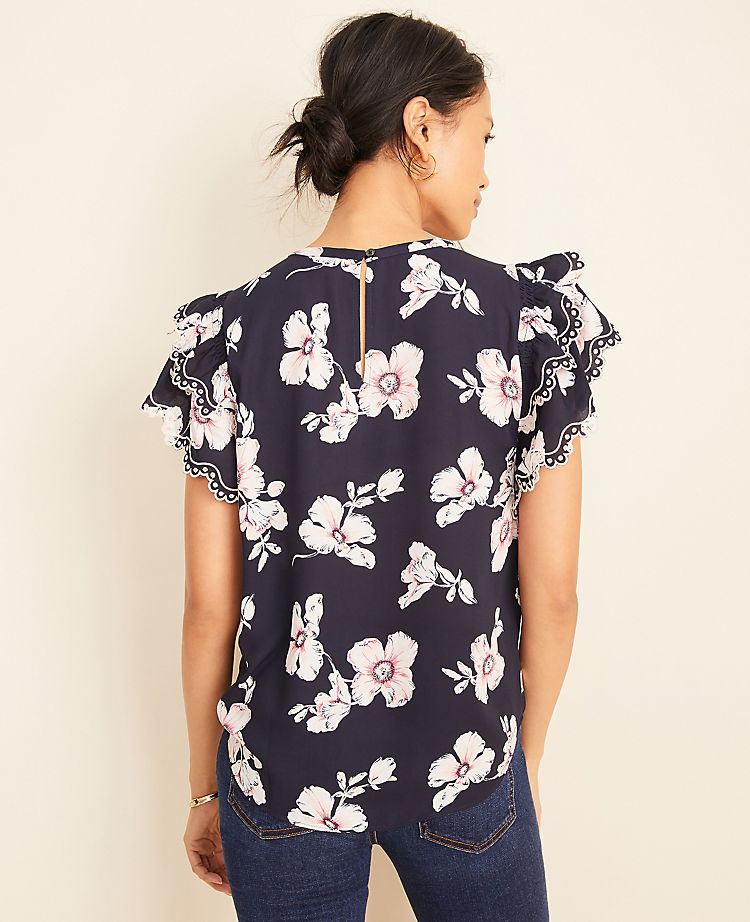 Floral Embroidered Ruffle Sleeve Tee