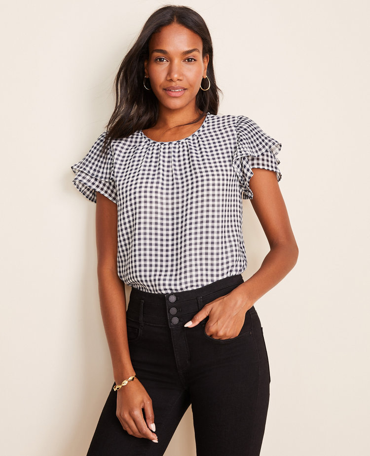 Gingham Pleated Flutter Sleeve Top