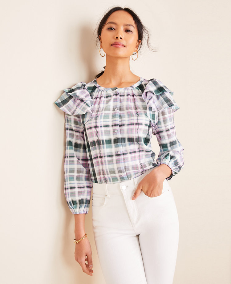 Plaid Ruffle Shoulder Blouse