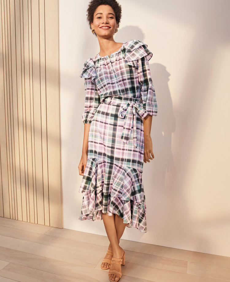 Plaid Ruffle Shoulder Blouse