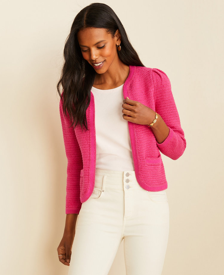 Puff Sleeve Open Sweater Jacket