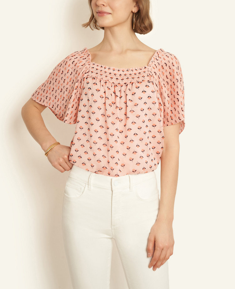 Floral Pleated Square Neck Top