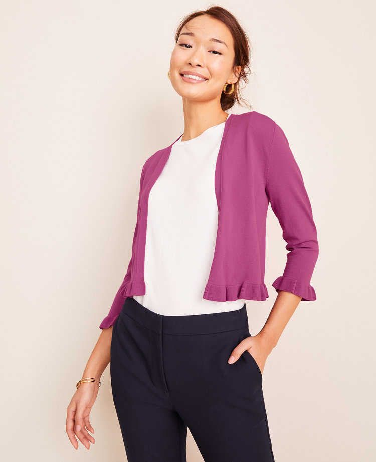 Ann Taylor Ruffle Trim Cardigan In Purple Verbena