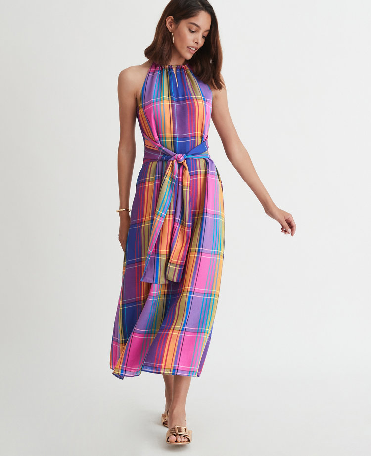 Madras Plaid Belted Halter Dress