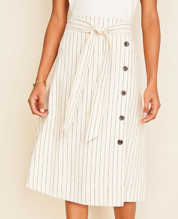 Striped Button Trim Tie Waist Midi Skirt