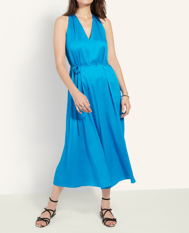 halter tie neck midi dress in pleat