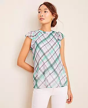 Plaid Pleated Flutter Sleeve Top  carousel Product Image 1