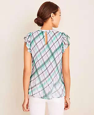 Plaid Pleated Flutter Sleeve Top  carousel Product Image 2