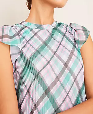 Plaid Pleated Flutter Sleeve Top  carousel Product Image 3