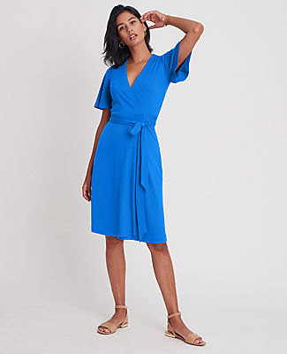 Ann Taylor Petite Flutter Sleeve Wrap Dress In Blue | ModeSens