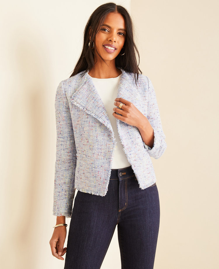 Petite Fringe Tweed Open Jacket