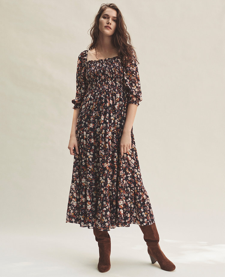 smocked floral maxi dress