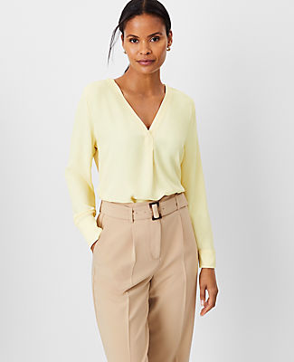 Ann Taylor Mixed Media Pleat Front Top In Pale Chamomile
