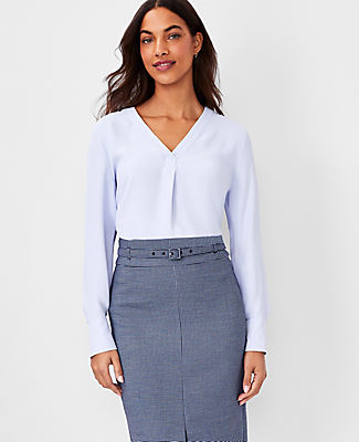 Ann Taylor Mixed Media Pleat Front Top In Halogen Blue
