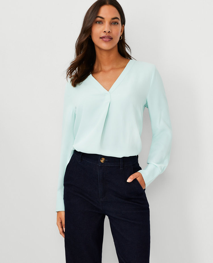 Ann Taylor Mixed Media Pleat Front Top In Effervescent Aqua