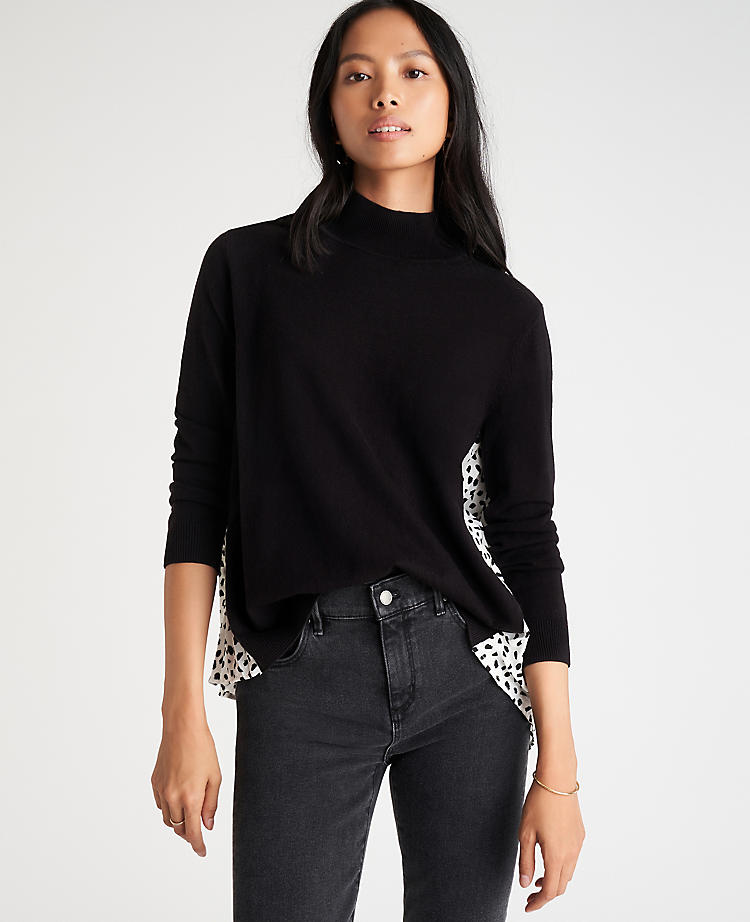 Spotted Pleat Back Mixed Media Turtleneck Sweater