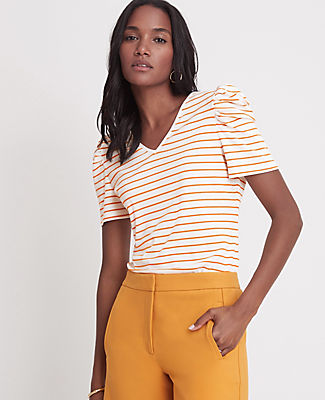 ANN TAYLOR STRIPED RIBBED PUFF SLEEVE TOP