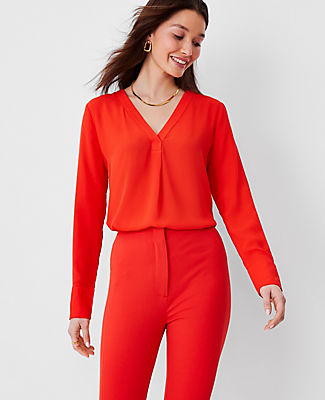 Ann Taylor Mixed Media Pleat Front Top In Vermilion Kiss