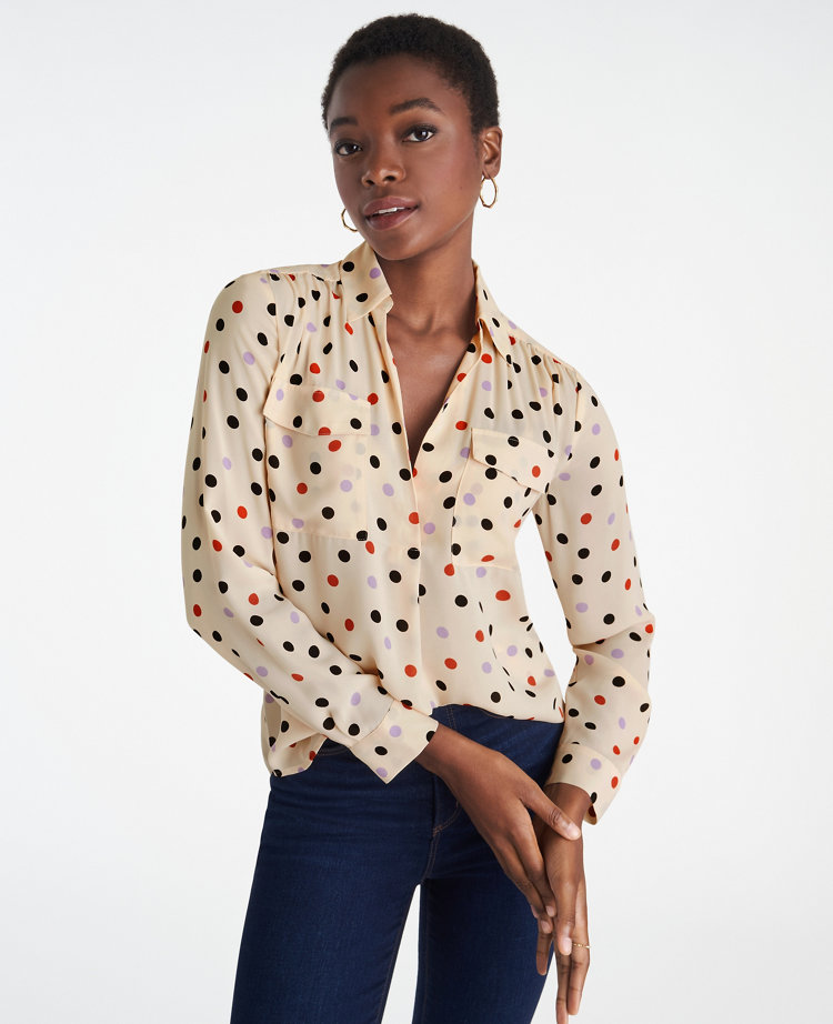 Top Manches Longues à Pois Ann Taylor Taille L - Navy Et Rouge, Manches Froncées