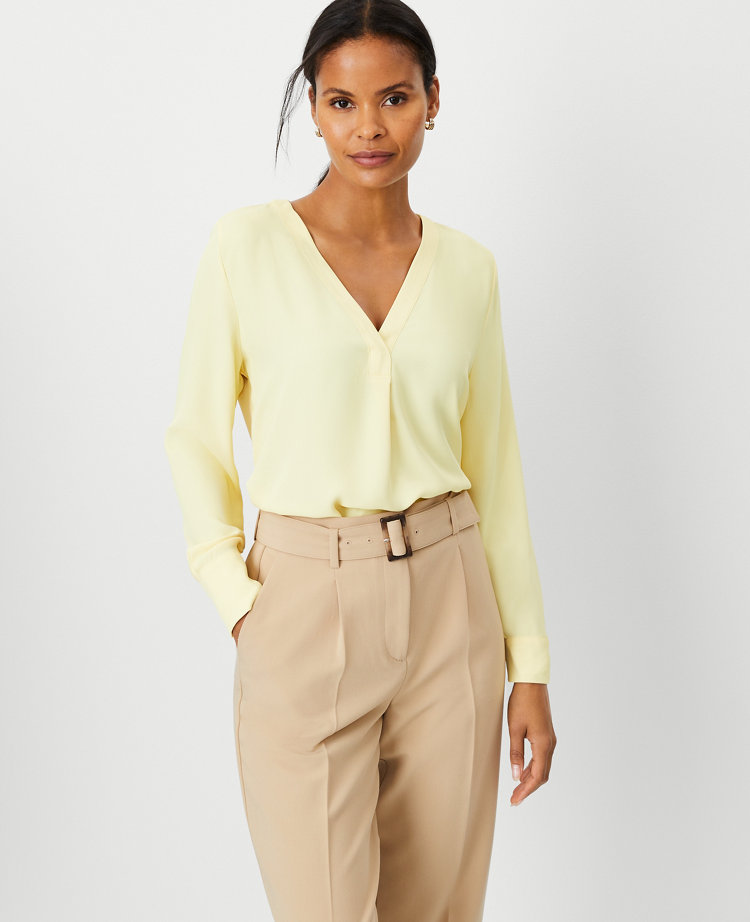 Ann Taylor Petite Mixed Media Pleat Front Top In Pale Chamomile