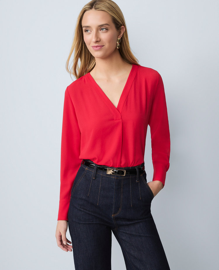Petite Mixed Media Pleat Front Top
