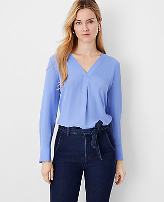 Ann Taylor Petite Mixed Media Pleat Front Top In Pure Peri