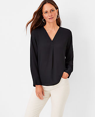 Ann Taylor Petite Mixed Media Pleat Front Top In Black