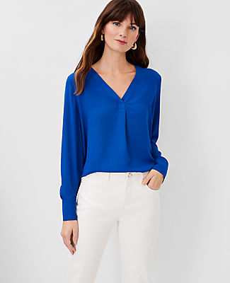 Ann Taylor Petite Mixed Media Pleat Front Top In Luxe Cobalt