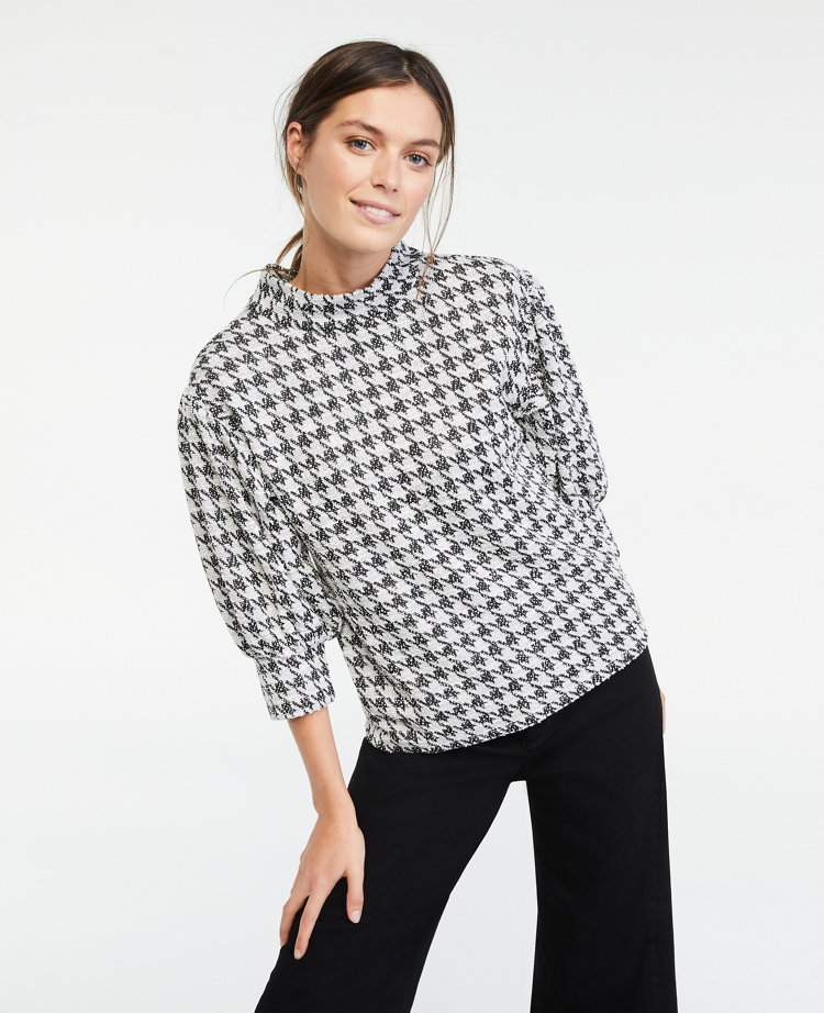 Houndstooth Mock Neck Puff Sleeve Top