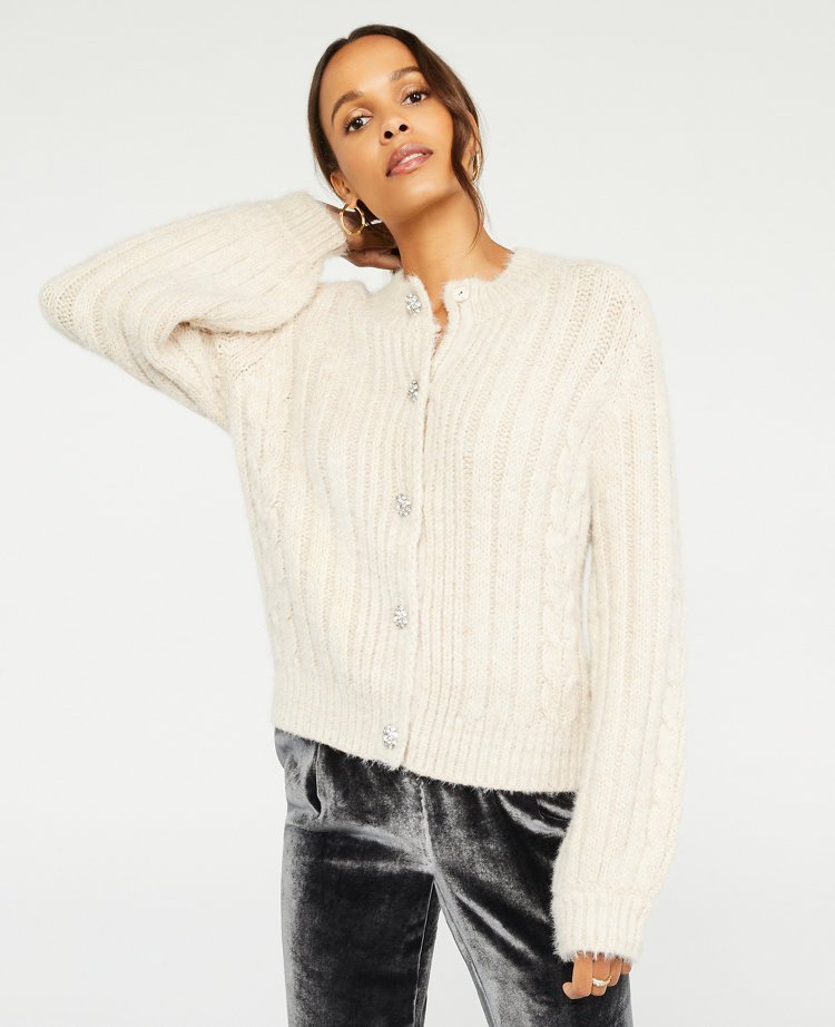 Ann Taylor Jeweled Button Cable Cardigan