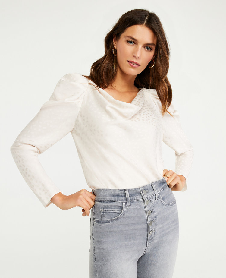 Spotted Puff Shoulder Cowl Neck Top