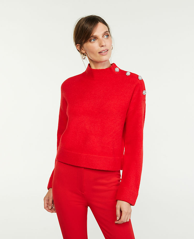 Jeweled Button Mock Neck Sweater